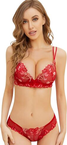 Women's Sexy Soft Lace Lingerie Set See Through Underwear Lace Underwire Embroidery Bra and Panty Set(Bright Red,32D) in Kuwait