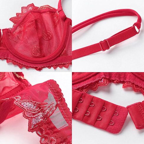 Women's Sexy Soft Lace Lingerie Set See Through Underwear Lace Underwire Embroidery Bra and Panty Set(Bright Red,32D) in Kuwait
