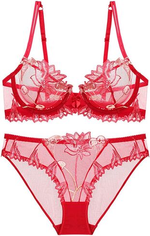 Women's Sexy Soft Lace Lingerie Set See Through Underwear Lace Underwire Embroidery Bra and Panty Set(Bright Red,32D) in Kuwait