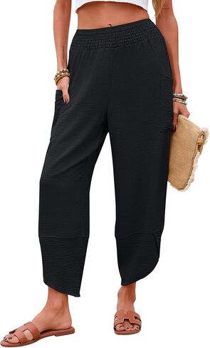 Newchoice Womens Palazzo Capri Pants Casual Smocked Waist Cropped Baggy Wide Leg Harem Pants with Pockets Vacation Outfits in Saudi Arabia