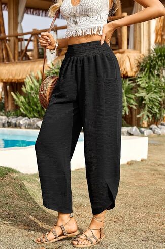 Newchoice Womens Palazzo Capri Pants Casual Smocked Waist Cropped Baggy Wide Leg Harem Pants with Pockets Vacation Outfits in Saudi Arabia