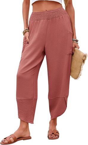 Newchoice Womens Palazzo Capri Pants Casual Smocked Waist Cropped Baggy Wide Leg Harem Pants with Pockets Vacation Outfits in Saudi Arabia