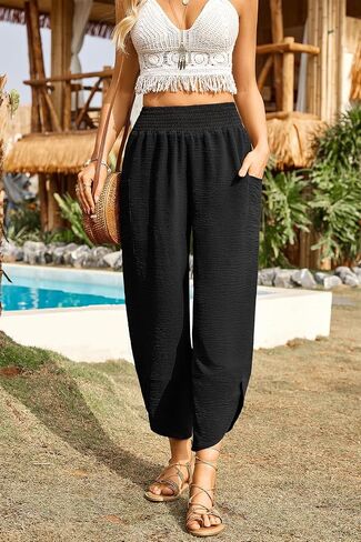 Newchoice Womens Palazzo Capri Pants Casual Smocked Waist Cropped Baggy Wide Leg Harem Pants with Pockets Vacation Outfits in Saudi Arabia