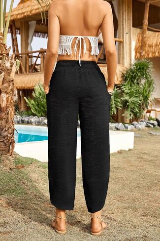 Newchoice Womens Palazzo Capri Pants Casual Smocked Waist Cropped Baggy Wide Leg Harem Pants with Pockets Vacation Outfits in Saudi Arabia