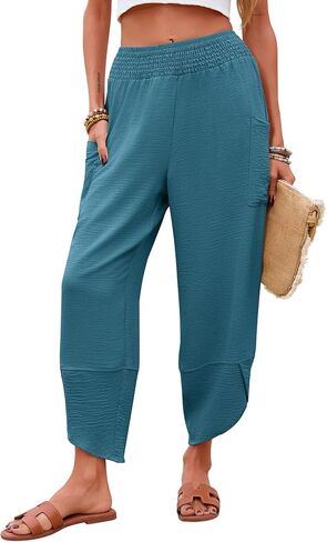 Newchoice Womens Palazzo Capri Pants Casual Smocked Waist Cropped Baggy Wide Leg Harem Pants with Pockets Vacation Outfits in Saudi Arabia