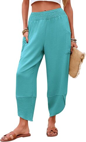Newchoice Womens Palazzo Capri Pants Casual Smocked Waist Cropped Baggy Wide Leg Harem Pants with Pockets Vacation Outfits in Saudi Arabia