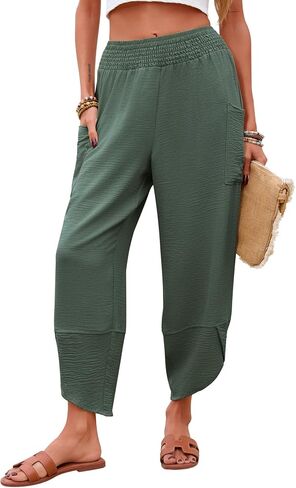 Newchoice Womens Palazzo Capri Pants Casual Smocked Waist Cropped Baggy Wide Leg Harem Pants with Pockets Vacation Outfits in Saudi Arabia
