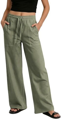 keriffe Womens Casual Pants Drawstring Wide Leg Linen Pant Summer Beach Palazzo Trousers with Pockets in Saudi Arabia