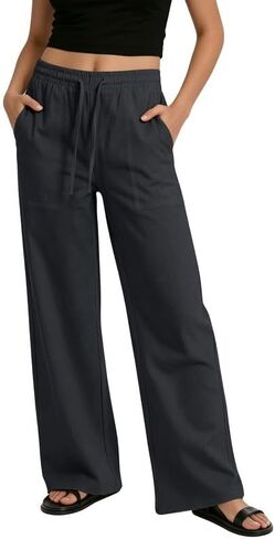 keriffe Womens Casual Pants Drawstring Wide Leg Linen Pant Summer Beach Palazzo Trousers with Pockets in Saudi Arabia