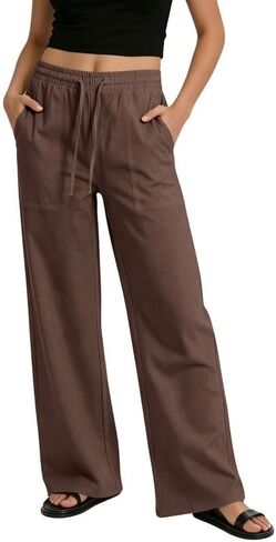 keriffe Womens Casual Pants Drawstring Wide Leg Linen Pant Summer Beach Palazzo Trousers with Pockets in Saudi Arabia