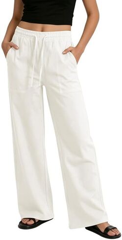 keriffe Womens Casual Pants Drawstring Wide Leg Linen Pant Summer Beach Palazzo Trousers with Pockets in Saudi Arabia