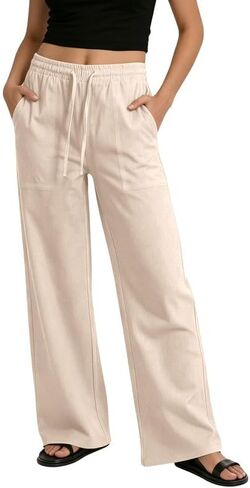 keriffe Womens Casual Pants Drawstring Wide Leg Linen Pant Summer Beach Palazzo Trousers with Pockets in Saudi Arabia