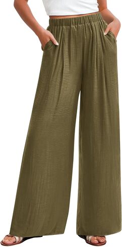 KIRUNDO Flowy Pants for Women Summer 2026 Wide Leg Palazzo Pants Elastic Waist Lounge Trousers Pockets Beach Vacation Outfits in Kuwait