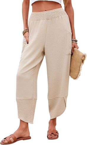 Newchoice Womens Palazzo Capri Pants Casual Smocked Waist Cropped Baggy Wide Leg Harem Pants with Pockets Vacation Outfits in Saudi Arabia