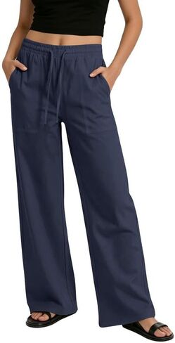 keriffe Womens Casual Pants Drawstring Wide Leg Linen Pant Summer Beach Palazzo Trousers with Pockets in Saudi Arabia