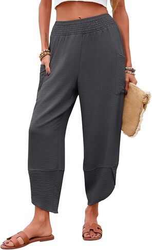 Newchoice Womens Palazzo Capri Pants Casual Smocked Waist Cropped Baggy Wide Leg Harem Pants with Pockets Vacation Outfits in Saudi Arabia