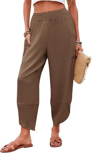 Newchoice Womens Palazzo Capri Pants Casual Smocked Waist Cropped Baggy Wide Leg Harem Pants with Pockets Vacation Outfits in Saudi Arabia