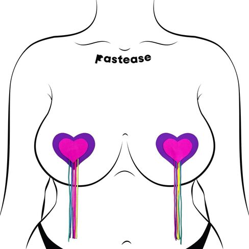 فطائر اللحم PASTEASE Rainbow Pride - قلوب وردية وأرجوانية نيون مع أغطية حلمات شرابة قوس قزح - ملحقات الزي الجمالي لحفلات الاستعراض أو المهرجانات أو النادي | مقاوم للماء، وخالي من اللاتكس، ومصنوع في الولايات المتحدة الأمريكية in Kuwait