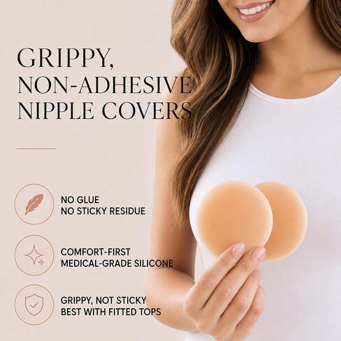Non-Adhesive Nipple Covers for Women, Reusable Grippy Silicone Pasties, No Show Under Fitted Tops, Waterproof in Kuwait