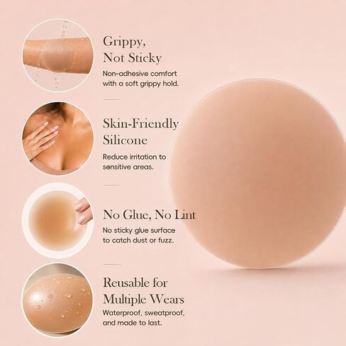 Non-Adhesive Nipple Covers for Women, Reusable Grippy Silicone Pasties, No Show Under Fitted Tops, Waterproof in Kuwait
