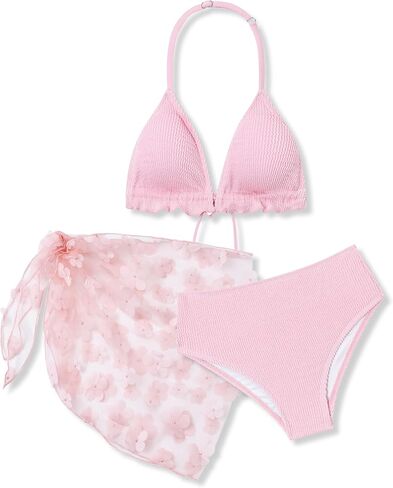 Girl's 3 Piece Swimsuits Solid High Waisted Bikini Bathing Suit with Mesh Coverups Skirt 7-14 Years in Saudi Arabia