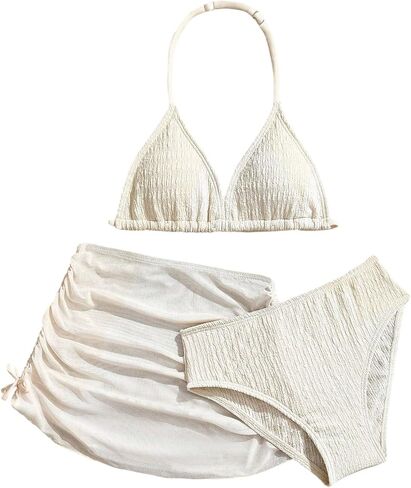 RoseSeek Girl's 3 Piece Textured Cute Bikini Sets Halter Bras and High Waisted Panties with Ruched Cover Up Skirt in Kuwait