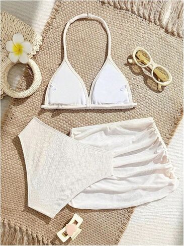 RoseSeek Girl's 3 Piece Textured Cute Bikini Sets Halter Bras and High Waisted Panties with Ruched Cover Up Skirt in Kuwait