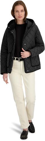 TAHARI Women's Rosie Hooded Quilted Jacket – Water-repellent Short Coat Detachable Hood in Kuwait