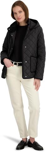 TAHARI Women's Rosie Hooded Quilted Jacket – Water-repellent Short Coat Detachable Hood in Kuwait