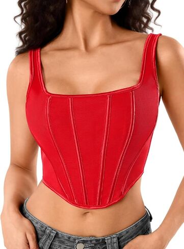 Kaei&Shi Women's Square Neck Corset Crop Top, Lace Up Back 14-Boned Bustier Tank Tops, Low Back Going Out 2000S Clubwear in Kuwait