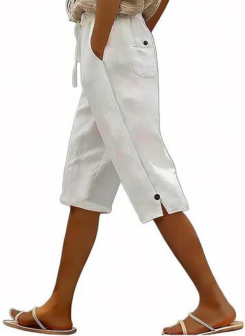 Women's Linen Capri Pants Drawstring Side Button Elastic Waist Straight Wide Leg Cropped Pant Summer Casual Clothes in Kuwait