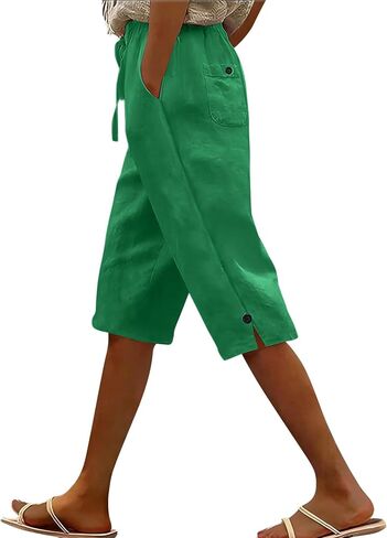 Women's Linen Capri Pants Drawstring Side Button Elastic Waist Straight Wide Leg Cropped Pant Summer Casual Clothes in Kuwait