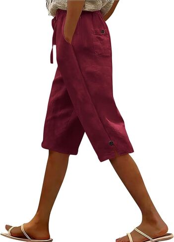 Women's Linen Capri Pants Drawstring Side Button Elastic Waist Straight Wide Leg Cropped Pant Summer Casual Clothes in Kuwait