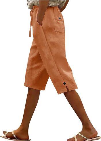 Women's Linen Capri Pants Drawstring Side Button Elastic Waist Straight Wide Leg Cropped Pant Summer Casual Clothes in Kuwait