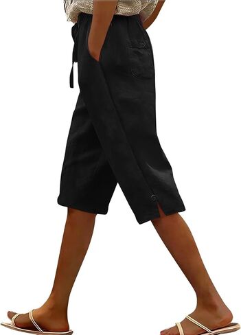Women's Linen Capri Pants Drawstring Side Button Elastic Waist Straight Wide Leg Cropped Pant Summer Casual Clothes in Kuwait