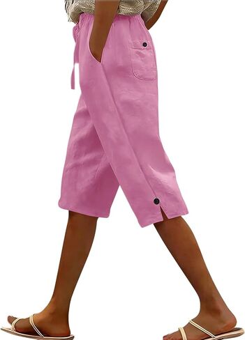 Women's Linen Capri Pants Drawstring Side Button Elastic Waist Straight Wide Leg Cropped Pant Summer Casual Clothes in Kuwait