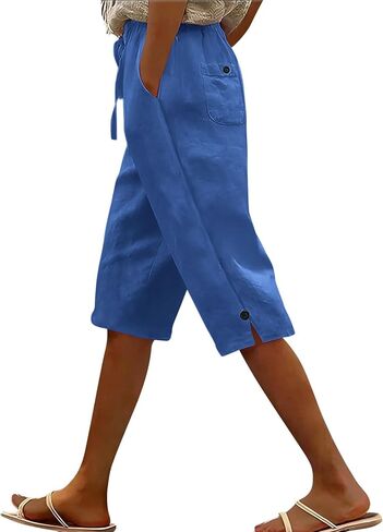Women's Linen Capri Pants Drawstring Side Button Elastic Waist Straight Wide Leg Cropped Pant Summer Casual Clothes in Kuwait