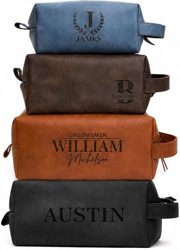 Personalized Handmade Genuine Leather Toiletry Bag | Custom Engraved Shaving Dopp Kit with Name, Initial | Travel Pouch for Men, Him, Husband, Dad, Boyfriend | Gift Idea for Groomsmen in Kuwait