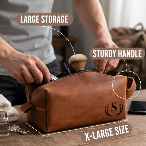 Personalized Handmade Genuine Leather Toiletry Bag | Custom Engraved Shaving Dopp Kit with Name, Initial | Travel Pouch for Men, Him, Husband, Dad, Boyfriend | Gift Idea for Groomsmen in Kuwait