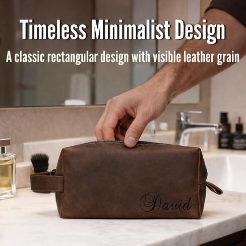 Personalized Handmade Genuine Leather Toiletry Bag | Custom Engraved Shaving Dopp Kit with Name, Initial | Travel Pouch for Men, Him, Husband, Dad, Boyfriend | Gift Idea for Groomsmen in Kuwait