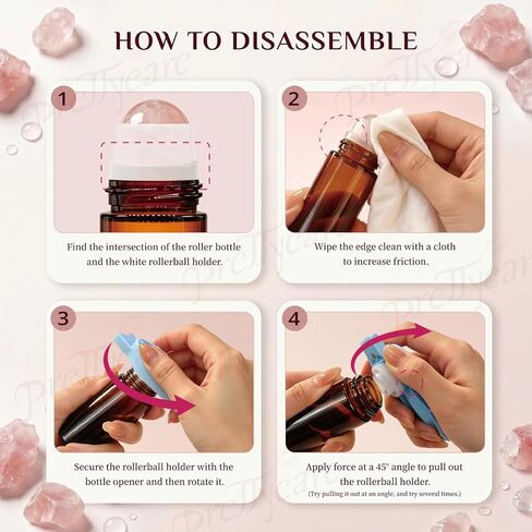 PrettyCare Rose Quartz Roller Bottle for Castor Oil – 50ml Refillable Amber Glass Roll On Bottle with Natural Rose Quartz Roller Ball, Leak-Proof Roller Ball Applicator for Essential Oils, Perfume in Saudi Arabia