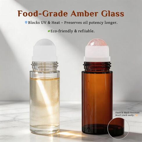 PrettyCare Rose Quartz Roller Bottle for Castor Oil – 50ml Refillable Amber Glass Roll On Bottle with Natural Rose Quartz Roller Ball, Leak-Proof Roller Ball Applicator for Essential Oils, Perfume in Saudi Arabia