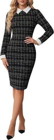 Women's Houndstooth Print Tweed Dress Elegant Long Sleeve Bodycon Business Causal Dresses in Saudi Arabia
