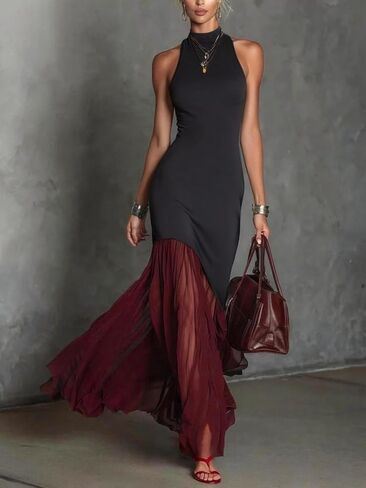 Women's Black Commuter Round Neck Sleeveless Hip-Wrapped Chiffon Splicing Long Dress in Kuwait