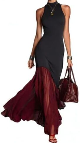 Women's Black Commuter Round Neck Sleeveless Hip-Wrapped Chiffon Splicing Long Dress in Kuwait