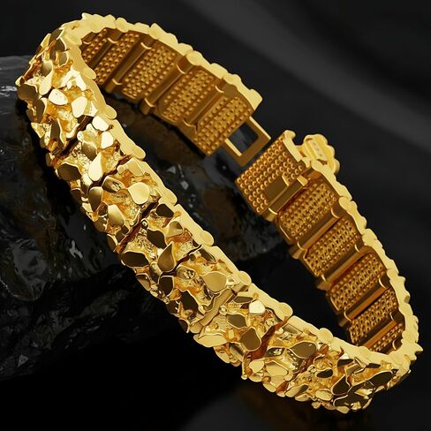 LIFETIME JEWELRY 16mm Gold Nugget Bracelet Men & Women - Rugged 24k Real Gold Plated Bracelet with Lifetime Replacement in Kuwait