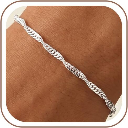 925 Sterling Silver Bracelet - 3mm Rope Chain Bracelet for Women Delicate Thin Chain Gift for Women 6.5 to 8 Inches in Saudi Arabia