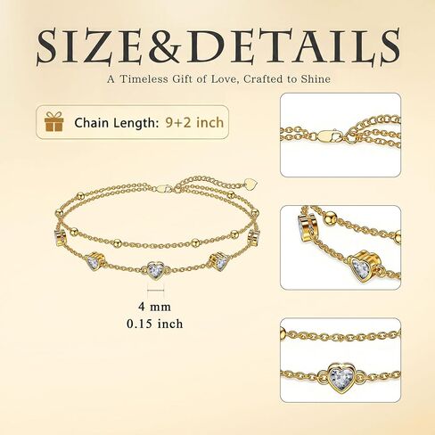 Midari 18K Yellow Gold Gemstone Birthstone Anklet Bracelet Heart Jewelry with 12 Months Birthstone Birthday Gifts for Women Wife Her Daughter Mom in Kuwait