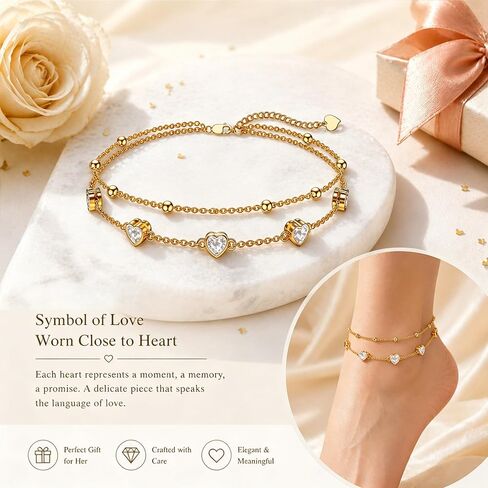 Midari 18K Yellow Gold Gemstone Birthstone Anklet Bracelet Heart Jewelry with 12 Months Birthstone Birthday Gifts for Women Wife Her Daughter Mom in Kuwait