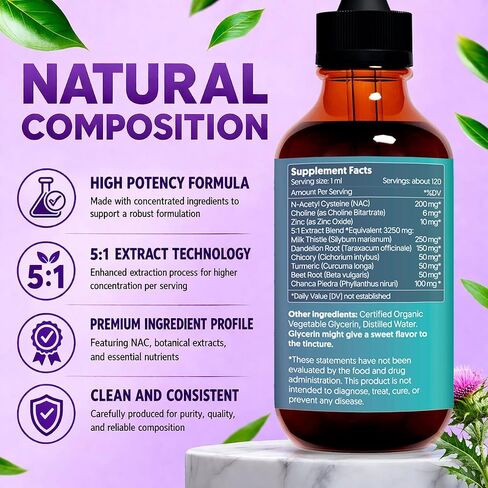 Liver Support Liquid with NAC and Zinc High Potency Herbal Blend Milk Thistle Dandelion Turmeric Daily Wellness Drops Alcohol Free Vegan 4 fl oz in Saudi Arabia
